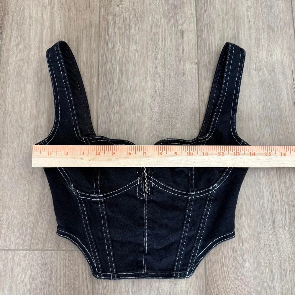 Deep V Neck Sleeveless Corset Corp Top Bustier Y2K Denim Zip size XS